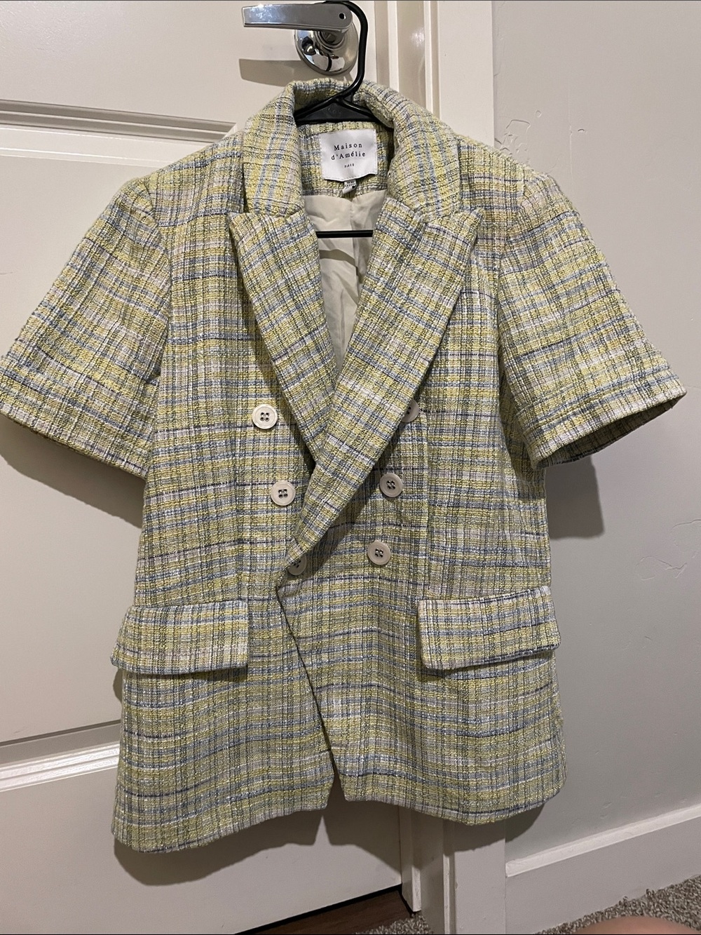 Short-Sleeve Double-Breasted Blazer in Yellow Plaid